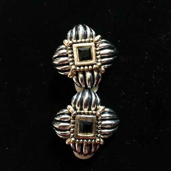 Vintage Retro 80's Designer Clip-On Earrings Silver Gold Gemstone Women's Chunky - Picture 6 of 12
